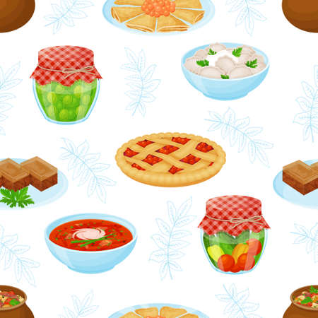 Seamless pattern from russian traditional meals. Vector illustration. Cartoon style.のイラスト素材