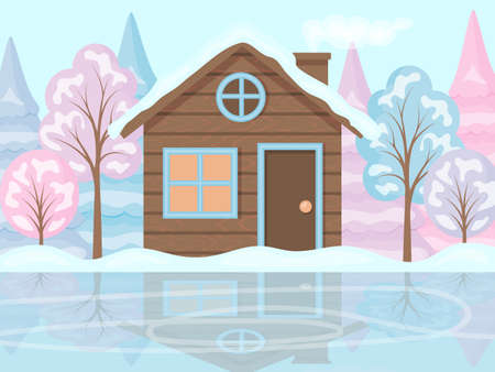 Winter landscape. A house and trees in the snow, next to a skating rink. The shore of a frozen lake. Cartoon style, Vector illustration.のイラスト素材