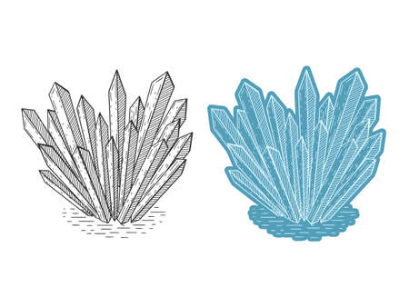set of crystals. Hand drawn line art. Vector illustration. Isolated on white. Doodle, sketch. monochrome and color.のイラスト素材