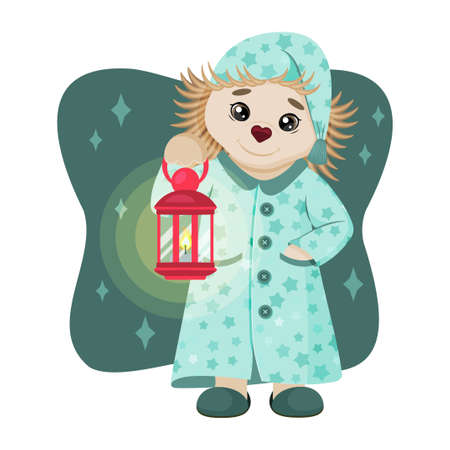 Cute hedgehog in pajamas and with a lamp. A fairy tale character. A child picture. Vector illustration. Cartoon style. Isolated on white.のイラスト素材