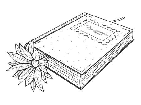 Hand drawn book with flower. Black and white, monochrome. Vector illustration. Isolated on white. Tattoo, line art.のイラスト素材