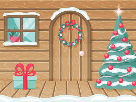 The porch of a wooden house. Decorated for New year, Christmas. A gift at the door. Vector illustration. Cartoon style.のイラスト素材