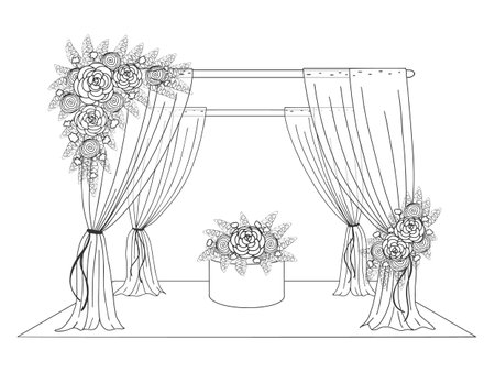 Wedding tent decorated with flowers. Hand drawn image. Graphic line style. Vector illustration. Isolated on white.のイラスト素材