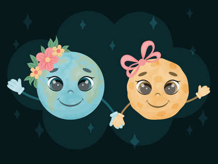 Cute characters. Fairy tale earth and moon are hold hands and smile into space. A child picture. Vector illustration. Cartoon style.のイラスト素材