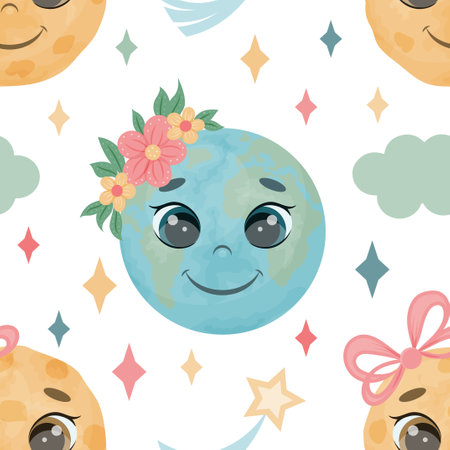 Seamless pattern from cute earth and moon. A child endless texture. Vector illustration. Cartoon style.のイラスト素材