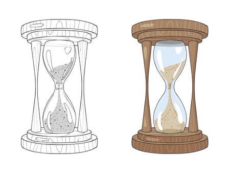 Set of hand drawn black and white and color hourglass. Vector illustration. Isolated on white....
