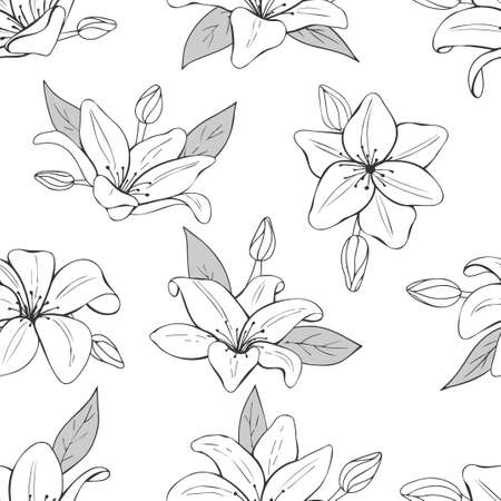 seamless monochrome pattern from hand drawn lilies. Floral endless texture. Vector illustration. Line art.のイラスト素材