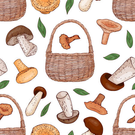 seamless pattern from color hand drawn mushrooms, leaves and basket. Vector illustration. Line art.のイラスト素材