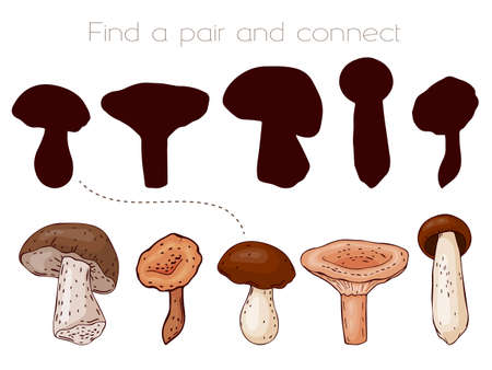 Fun childrens game. Find a couple and connect them. Mushrooms and silhouettes. Vector illustration.のイラスト素材