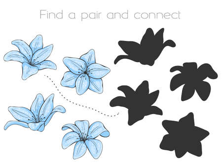 Fun childrens game. Find a couple and connect them. Blue flowers and silhouettes. Vector illustration.のイラスト素材
