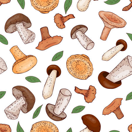 seamless pattern from hand drawn mushrooms and leaves. Vector illustration. Line art. Colorful texture.のイラスト素材