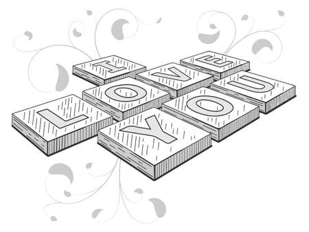 I love you. Dominoes, dice, cube on the table. Vector illustration. Isolated on white. Hand drawn picture.のイラスト素材