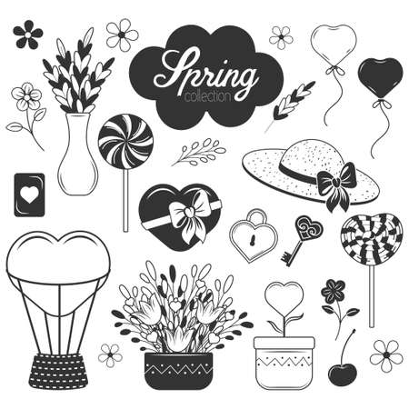 Cute spring monochrome collection. Air balloon, flowers, key, lolly pop, heart, letters. Romantic black objects, cartoon style. Vector illustration. Isolated on white.のイラスト素材