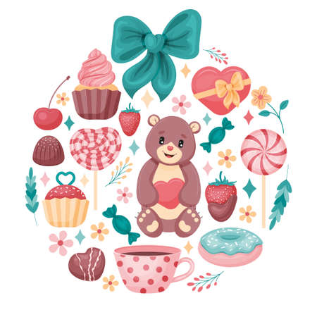 sweet cute circle frame. Teddy, cake, heart, lollipop, cherry. cartoon style. Vector illustration. Isolated on white.のイラスト素材