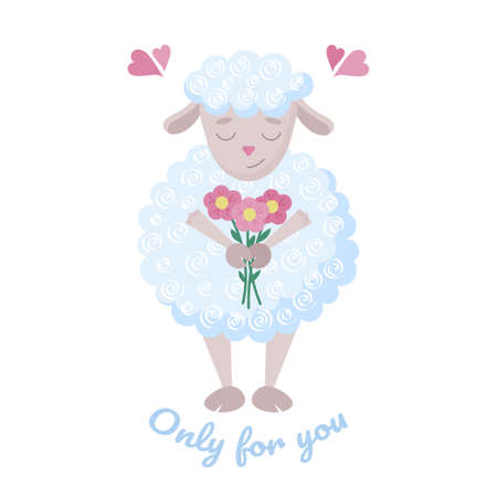 Cute lamb with flowers. Valentine's day card. fun character. cartoon style. Only for you. vector illustration. isolated on white.のイラスト素材
