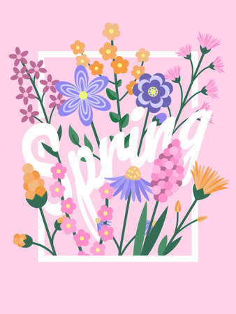 Flyer with spring flowers. cartoon style. greeting card. vector illustration.のイラスト素材