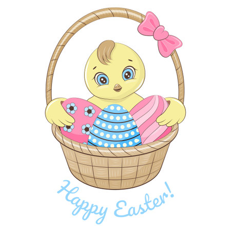 Cute Easter chicken with eggs. Happy Easter. fun character. cartoon style. Spring greeting card. vector illustration. isolated on white.のイラスト素材