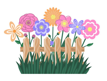 Spring cute flowers, fence and grass. Cartoon style. Isolated on white. Vector illustration.のイラスト素材