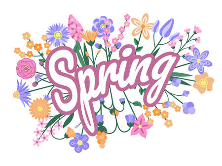 Flyer with spring flowers. Cartoon style. Greeting card. Vector illustration. Isolated on white.のイラスト素材