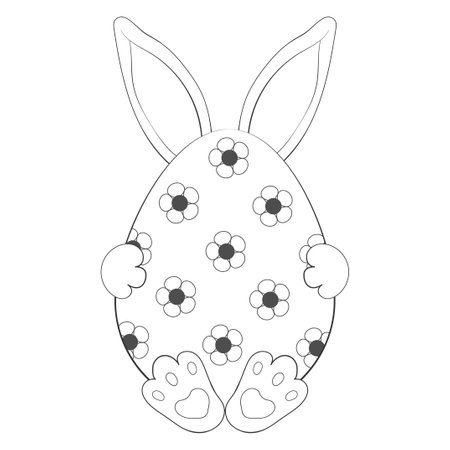Cute bunny with big egg. Happy Easter. Fun character. Outline. Coloring book. Vector illustration. Isolated on white. Monochrome image.のイラスト素材