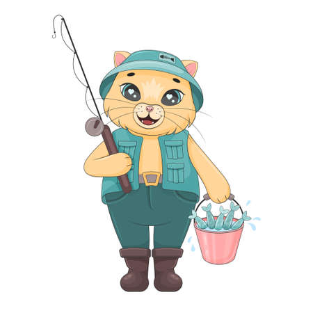 Cute fisherman cat. Happy Cartoon style. Children illustration. Vector illustration. Isolated on white.のイラスト素材