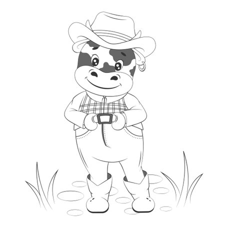 Cute cowboy calf farmer. cartoon style. Monochrome children illustration. vector illustration.のイラスト素材