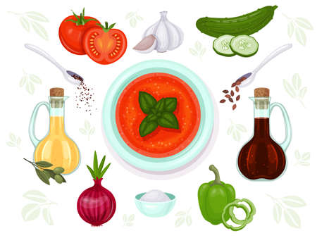 Gazpacho and set of ingredients for it. Vector food illustration. isolated on white. cartoon style.のイラスト素材