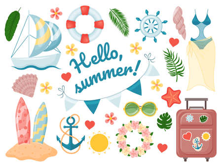Set of cute summer elements suitcase, palm leaves, swimsuit, sailboat. sea travel. Fun colorful objects. isolated on white. vector illustrationのイラスト素材