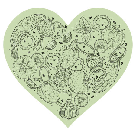 Vegetables in the form of a heart. Vegan sign. food vector illustration. isolated on whiteのイラスト素材