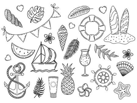 Set of hand drawn monochrome summer elements fruits, drinks, palm leaves, flowers. Black and white objects. isolated on white. vector illustration. Doodle styleのイラスト素材