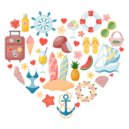 Cute summer elements in the shape of a heart. Suitcase, fruit, drinks, palm leaves, swimsuit, flowers. isolated on white. vector illustration. cartoon style.のイラスト素材
