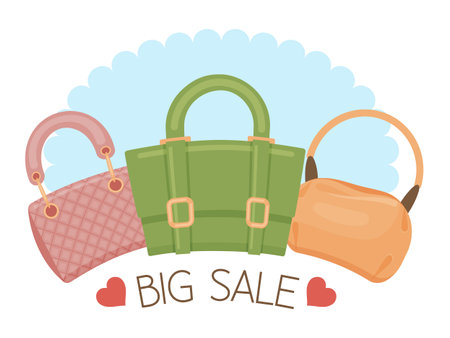 Colorful cute bags. sale sign. vector illustration. cartoon style. Shopping, sale concept.のイラスト素材