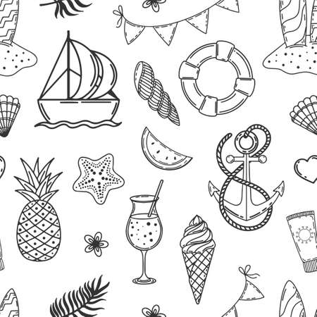 seamless pattern from hand drawn monochrome cute summer elements fruits, drinks, palm leaves, flowers. endless texture. vector illustration. Doodle style.のイラスト素材