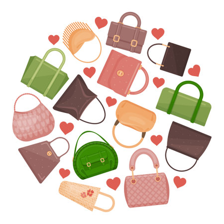 Cute many bags in round shape. vector illustration. cartoon style.のイラスト素材