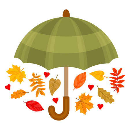 Umbrella with leaves. autumn color image. Symbol of fall. isolated objects. vector illustration. cartoon style.のイラスト素材