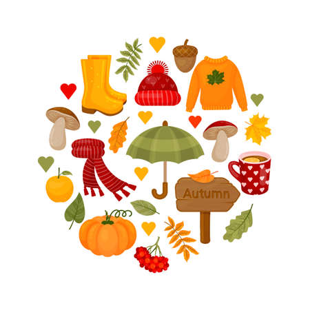 Cute autumn elements in round shape. vector illustration. cartoon style.のイラスト素材