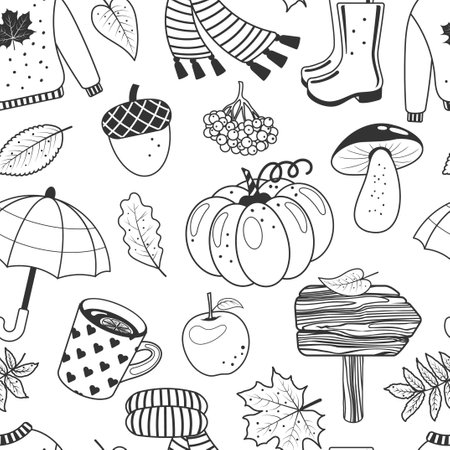monochrome seamless pattern from autumn elements. Leaves, pumpkin, acorn, sweater, scarf, mushrooms and other symbols of fall and autumn. Black and white endless texture. vector illustration. outlineのイラスト素材