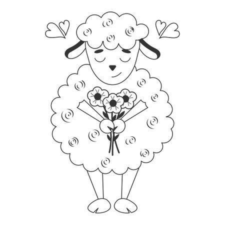 Cute lamb baby with flowers. Monochrome children illustration. vector illustration. children's coloring book. isolated on white.のイラスト素材