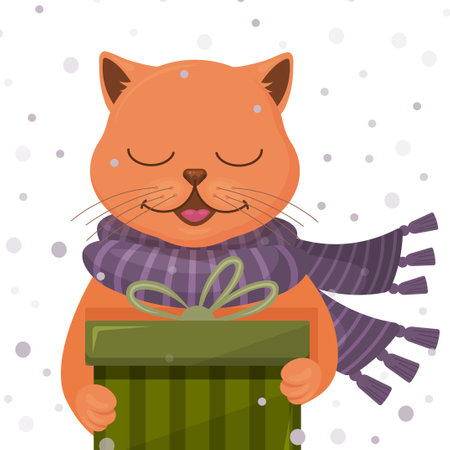 Cute christmas cat with a gift and a scarf. Winter postcard. vector illustration. cartoon style.のイラスト素材