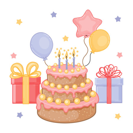 Happy birthday greeting card with festive elements. Cake, balloon, gift box. vector illustration. cartoon style.のイラスト素材