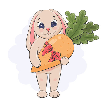 Cute rabbit with carrot, gift. Symbol of new year 2023. Cartoon style. Postcard, poster for birthday, new year, christmas. children vector illustration.のイラスト素材
