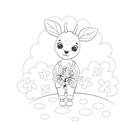 Vector cute antelope baby with oak twigs and acorns. Bambi. Childrens coloring book. Monochrome, black and white graphic. Isolated on whiteのイラスト素材