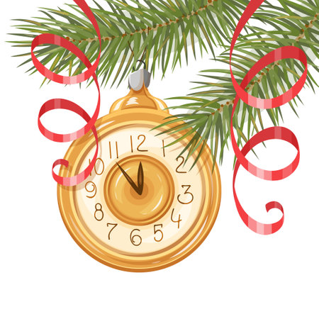 Winter banner. Christmas tree branches with a Christmas tree toy in the form of a clock. New Year. Template for the design. Vector illustrationのイラスト素材