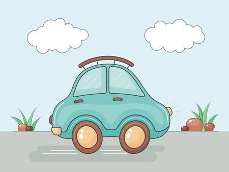 Little cartoon car on road. Children vector illustration. Isolated on white.のイラスト素材