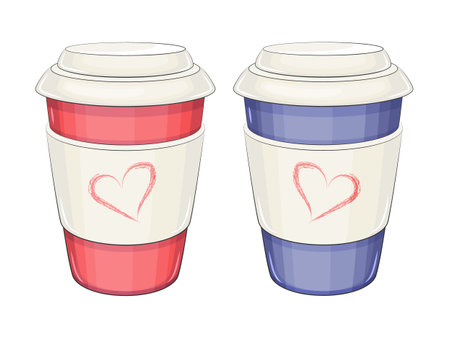 Set of paper coffee cups. Red and blue, romantic elements. Vector illustration. Isolated on white.のイラスト素材