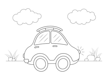 Little cartoon car on road. Children coloring book. vector illustration.のイラスト素材