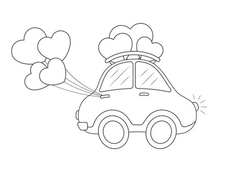 Little cartoon car with hearts. Children coloring book. vector illustration. Isolated on white.のイラスト素材
