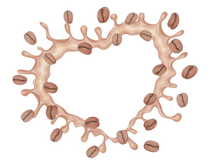 coffee splashes in the shape of a heart and beans. Vector illustration. Cartoon style.のイラスト素材