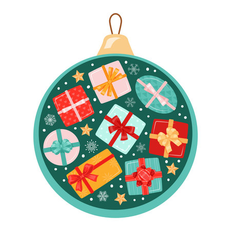 Christmas and Happy new year. Christmas ball with gifts and snowflakes. Decor . Vector illustrationのイラスト素材