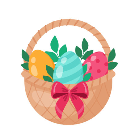 A festive basket filled with brightly colored Easter eggs and green leaves, perfect for spring celebrations. Happy Easter. Vector illustration.のイラスト素材